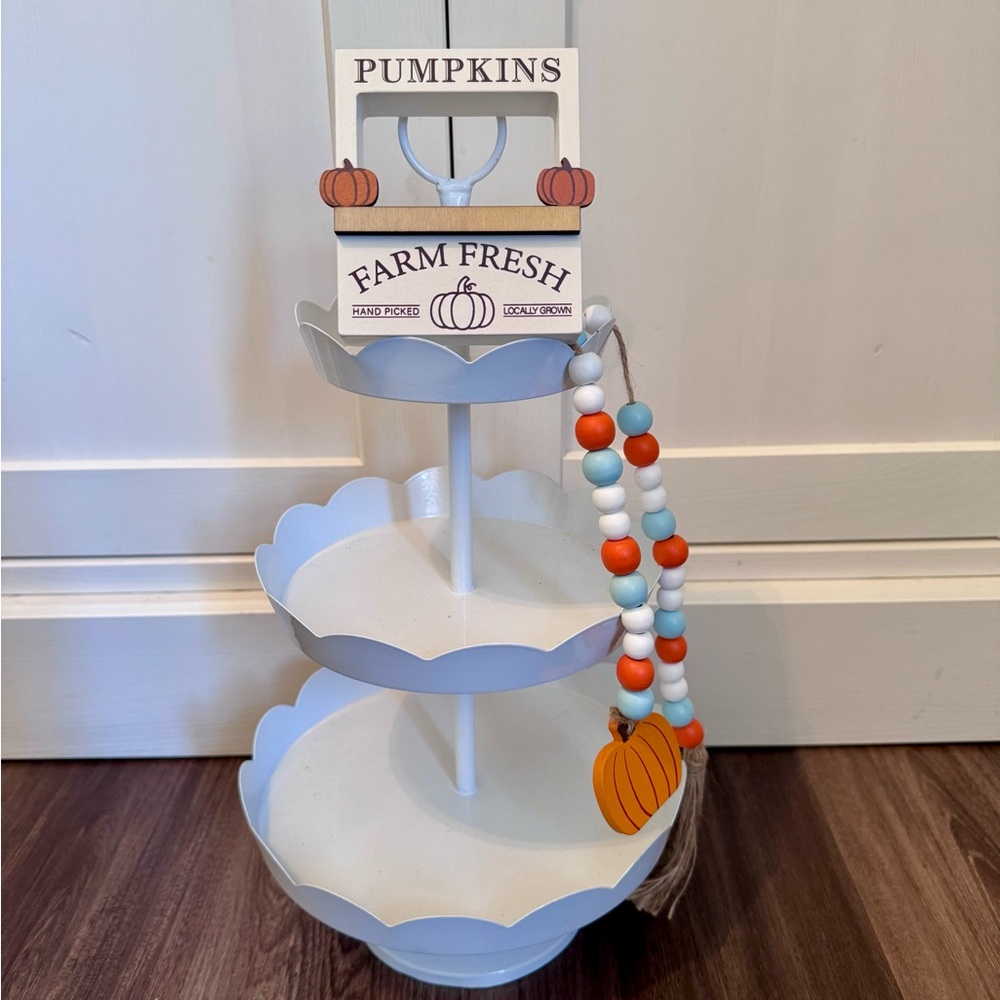 Aldi Fall 2 Piece Tiered Tray Objects Colorful Beaded Garland & Pumpkin Stand